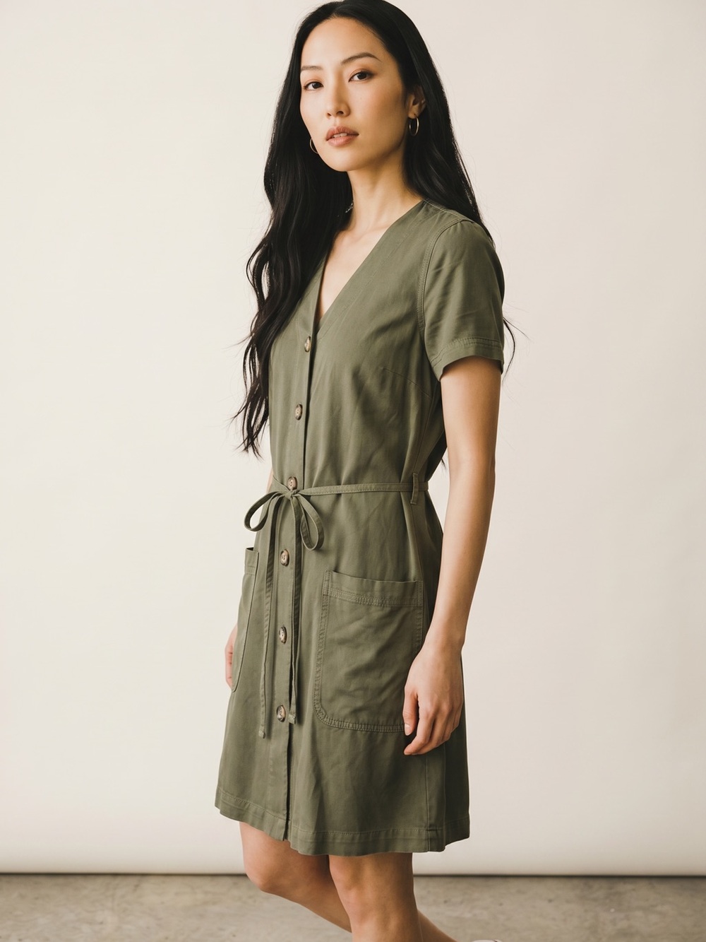 Women's Olive Button-Front Tie-Waist Dress Lou & Grey New Size XXS